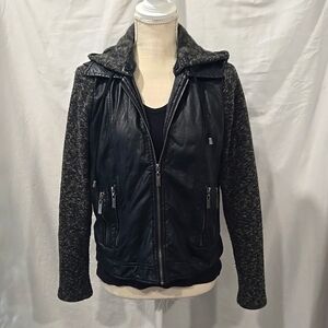 Jou Jou - Black Faux Leather Hooded Jacket Sweater | Size L